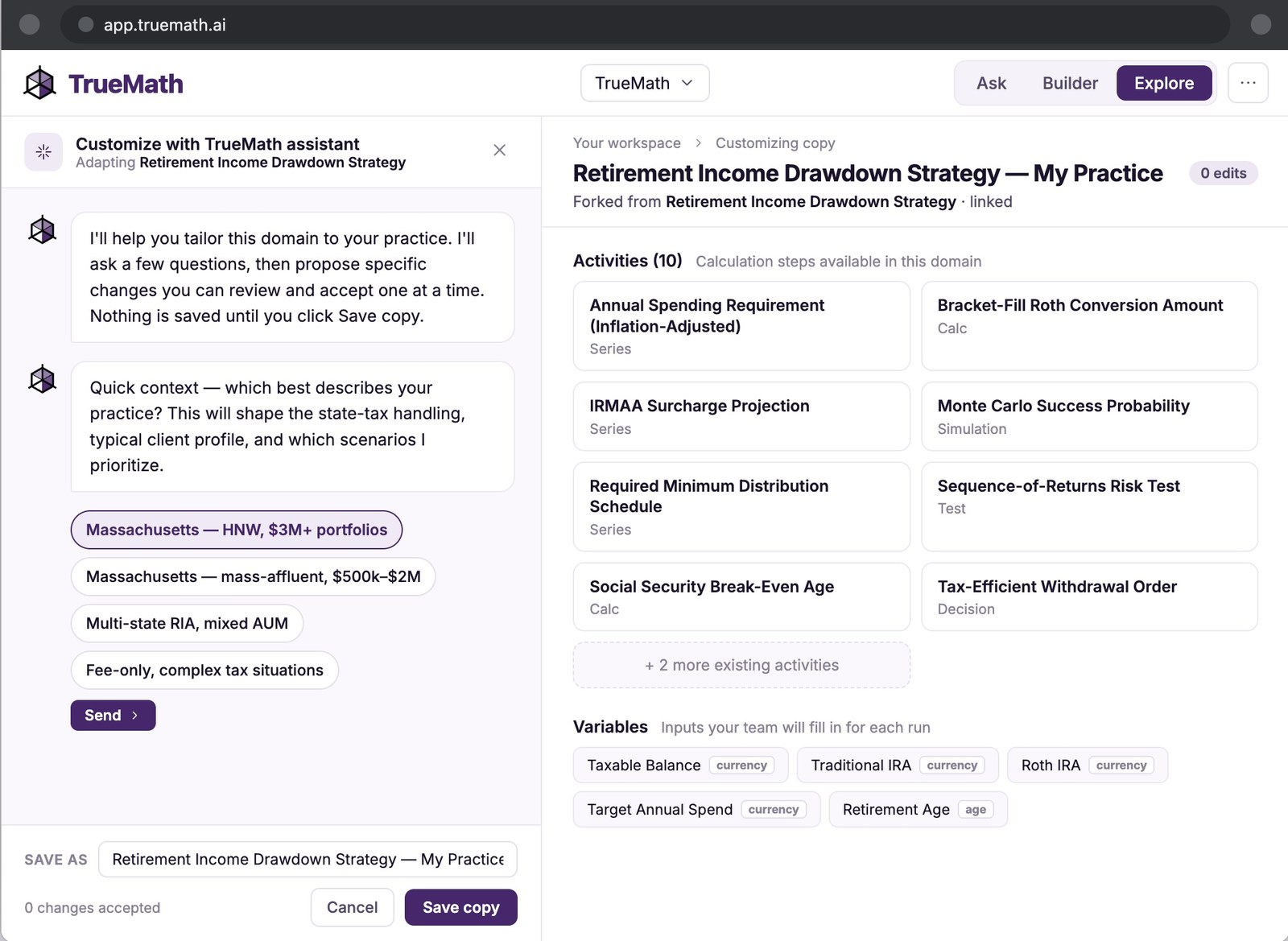 Screenshot of the TrueMath Assistant customizing a Retirement Income Drawdown Strategy domain